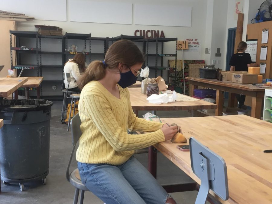 Freshman Torrey Wallace in sculpture class. Classes are going well despite the distance.