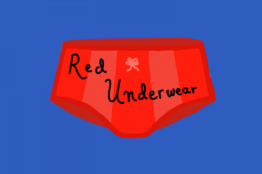 Red underwear with word red underwear over it