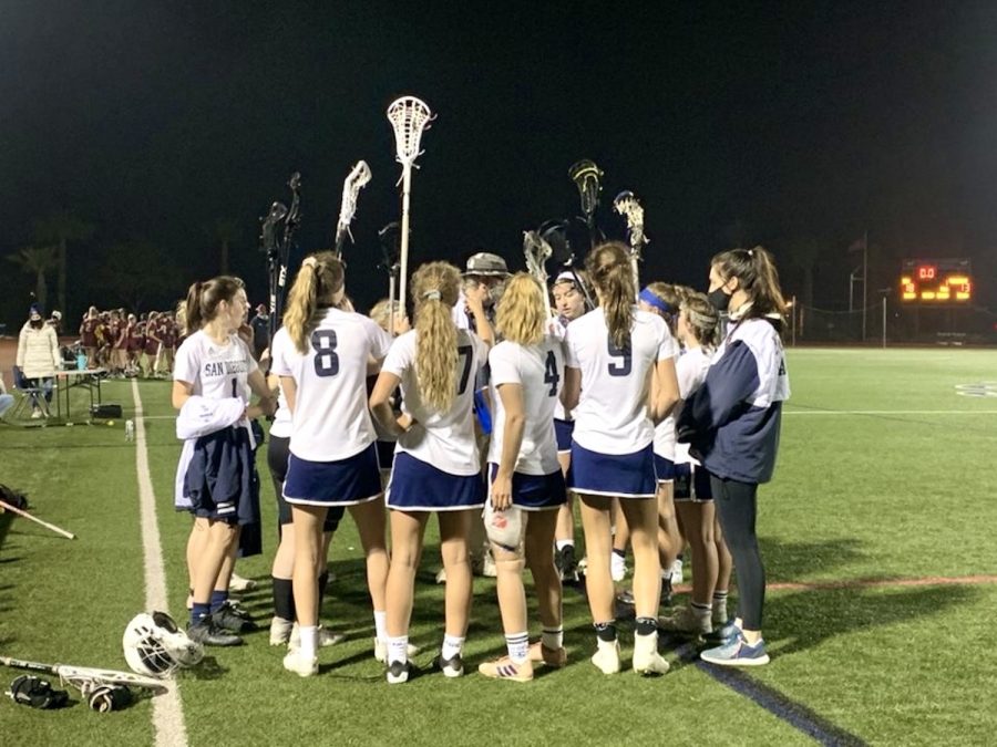 girls+with+white+shirts+and+shorts+with+equipment+huddling+together+on+the+grass