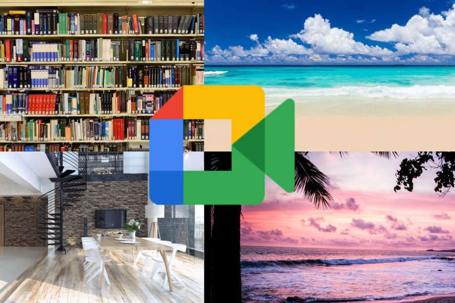 bookshelf in the left corner, beach in right corner, living room in bottom left, sunset in bottom right