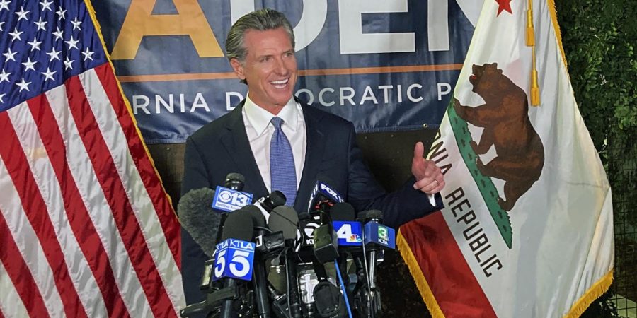 Governor Gavin Newsom gives a victory speech following the recall election