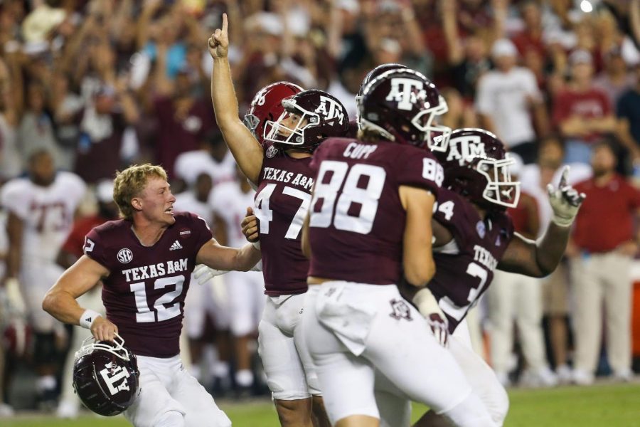 Texas A&M kicker Seth Small and other A&M Players celebrate Small’s game winning field goal against Alabama on October 9, 2021.