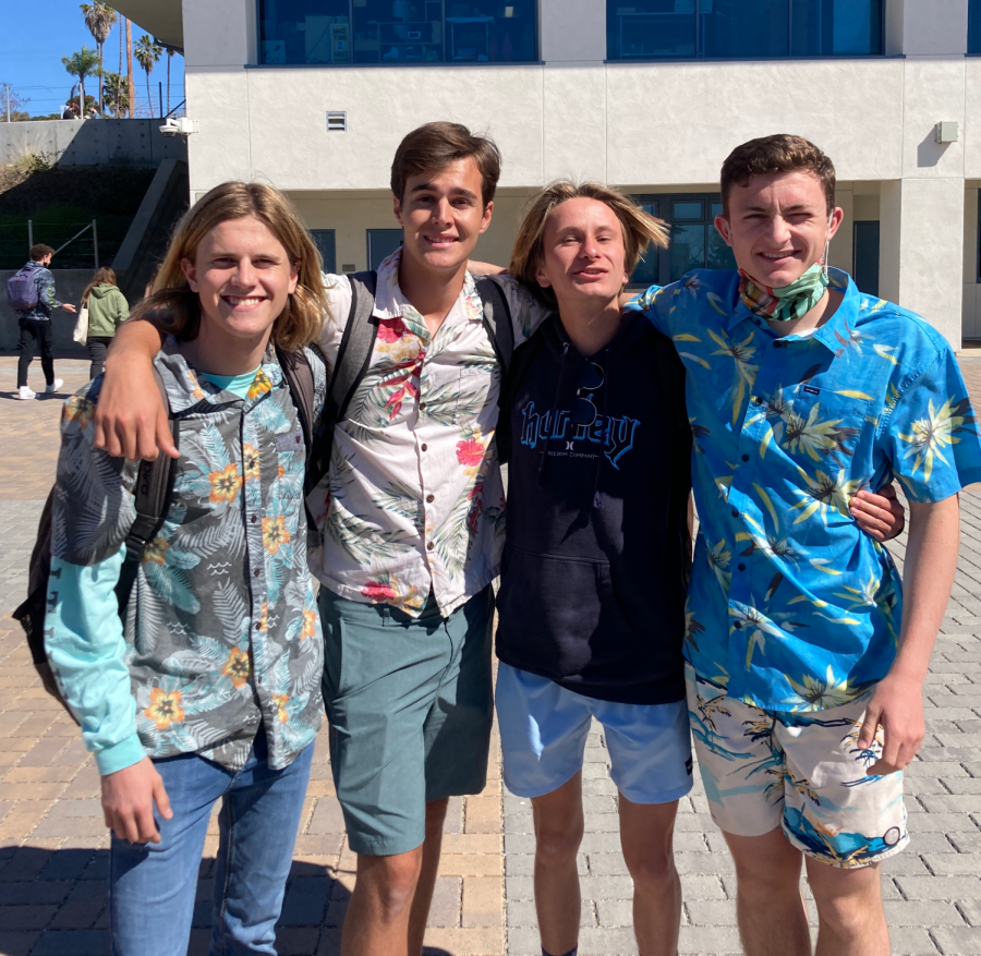 (From left) Seniors Skyler Crook, Ryan Overton, James McKenzie, and Jack Righetti in their Hawaiian shirts and boardshorts