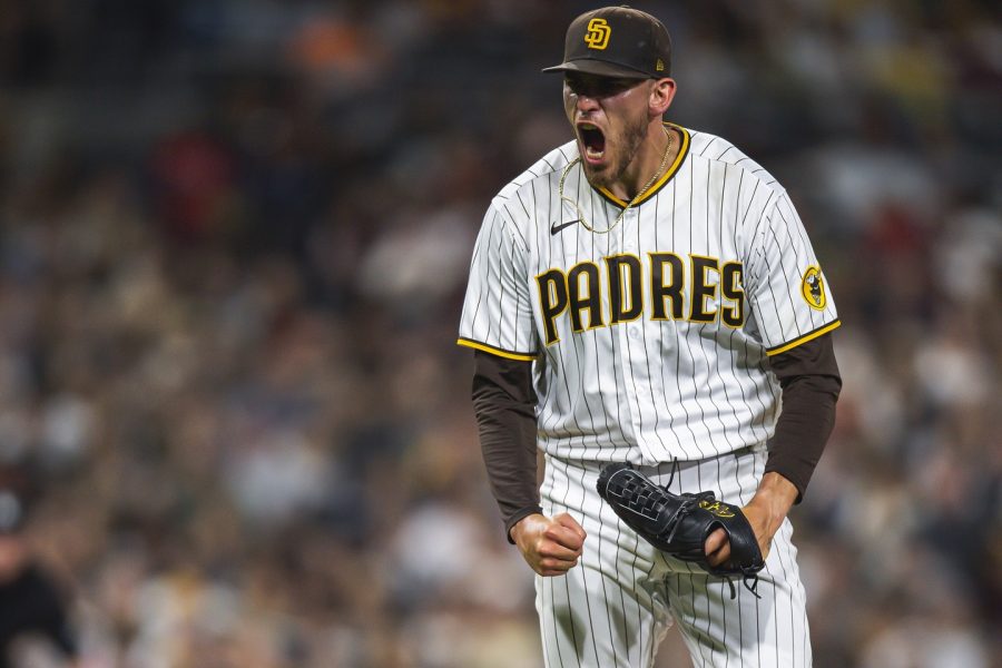  Joe Musgrove #44 of the San Diego Padres celebrates after the final out of the top of the sixth inning against the San Francisco Giants 