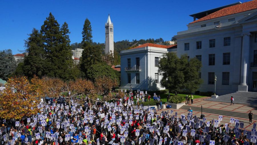 Many people are gathered in a crowd with protest signs below orange trees this week. A large library and steps sit behind the protesters.