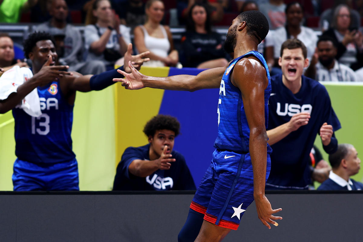 Team USA small forward MIkal Bridges does his signature Brooklyn Bridges celebration after a 3 Pointer