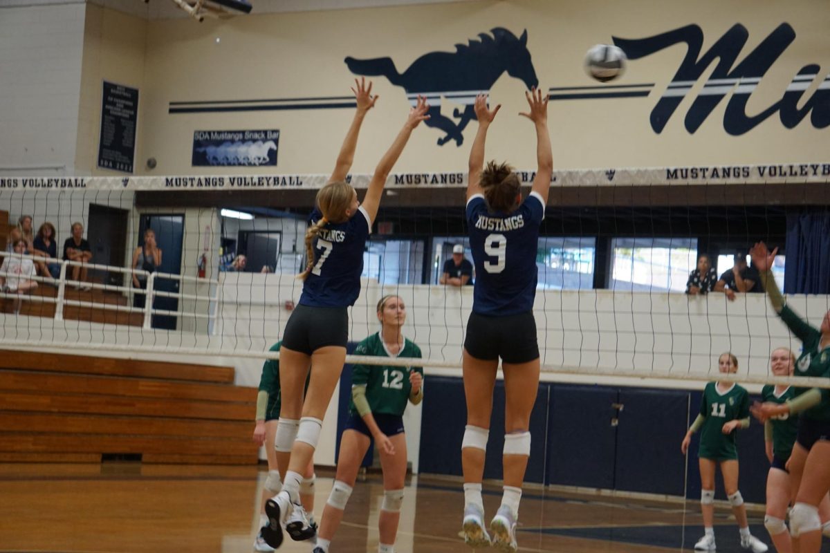 #7 Riley Balogh and #9 Lexie Richards go airborne for a block in a game vs. LCC