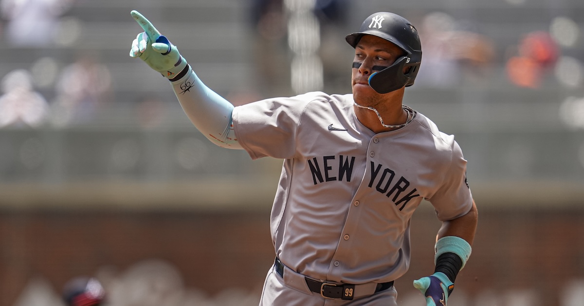 Jul 20, 2025; Cumberland, Georgia, USA; New York Yankees right fielder Aaron Judge (99) runs after hitting a home run against the Atlanta Braves during the first inning at Truist Park.