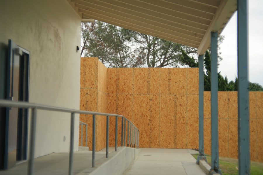 The new wall blocks off the sidewalk next to the new culinary arts classroom.